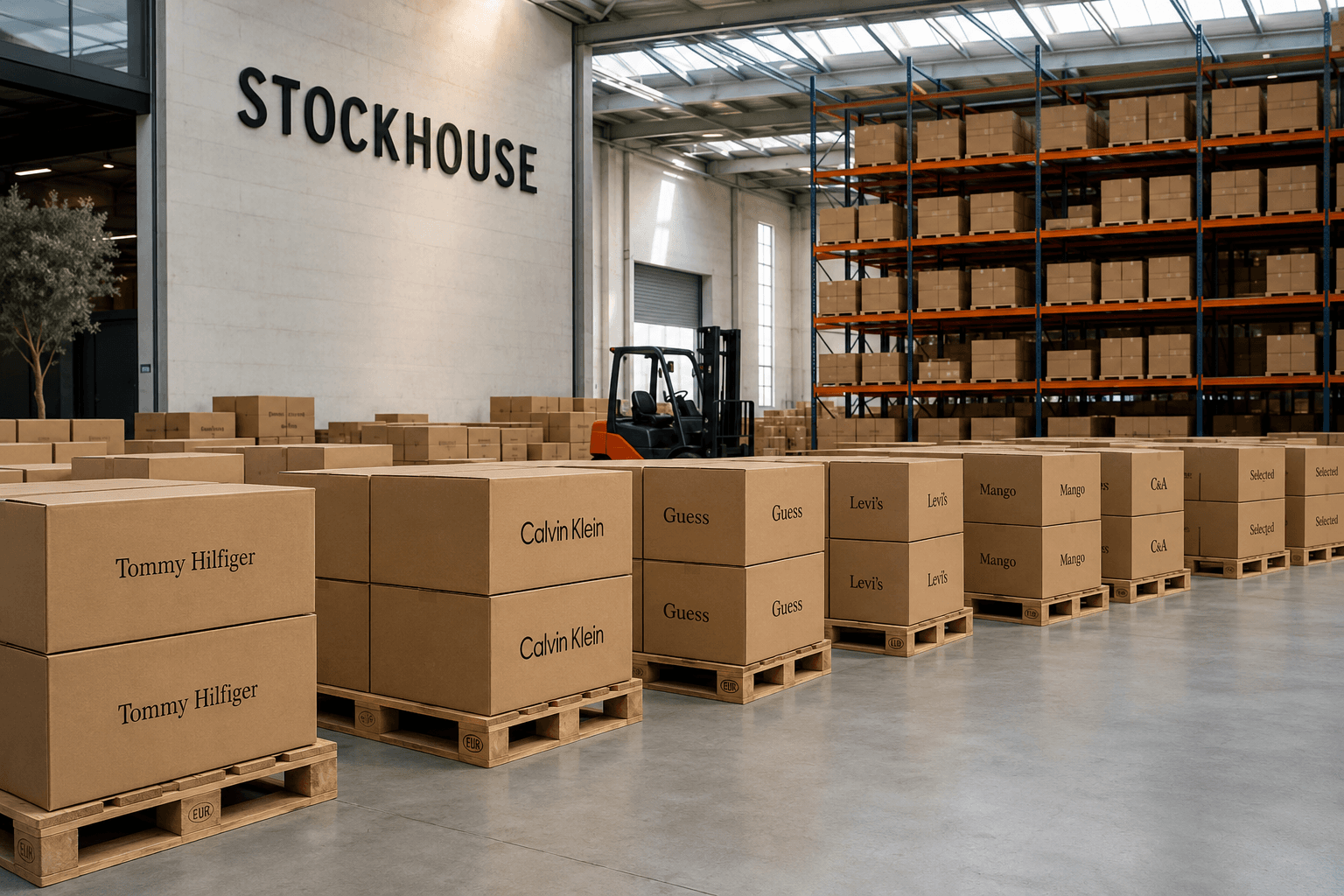 Depozitul en gros StockHouse din Deva: paleți cu loturi de haine — Tommy Hilfiger, Calvin Klein, Guess, Levi's, Mango, C&A